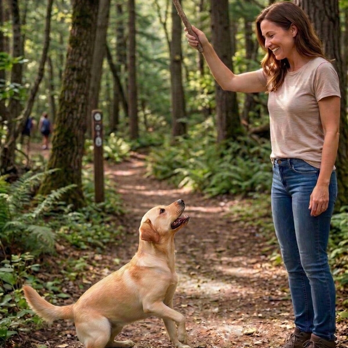 A woman and her yellow Labrador paused on a forest trail