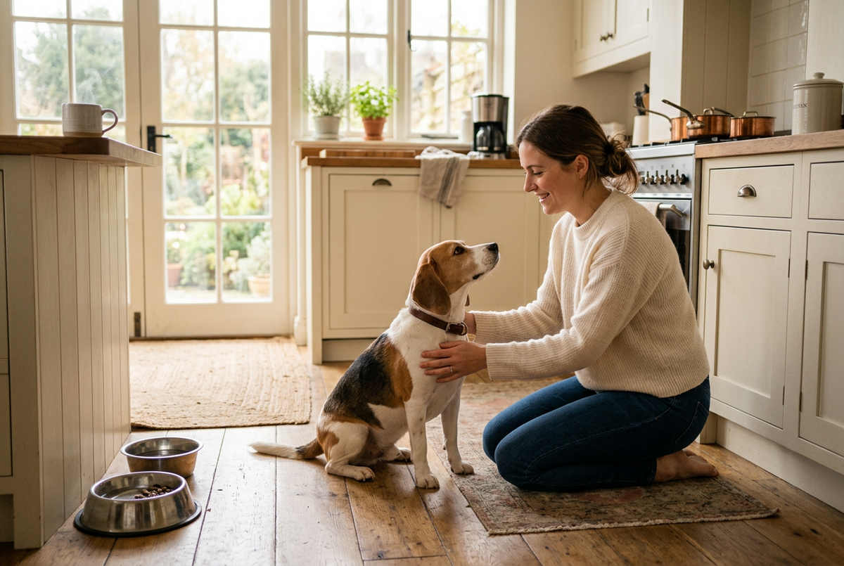 Owner kneeling on a kitchen floor in the morning, gently checking on her beagle mix next to its food bowls