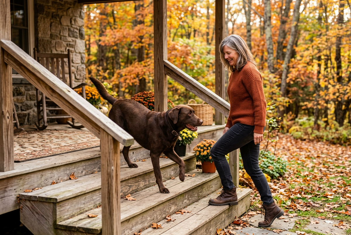 Chocolate Labrador climbing wooden porch steps beside its owner on an autumn morning, illustrating dog joint supplements and mobility
