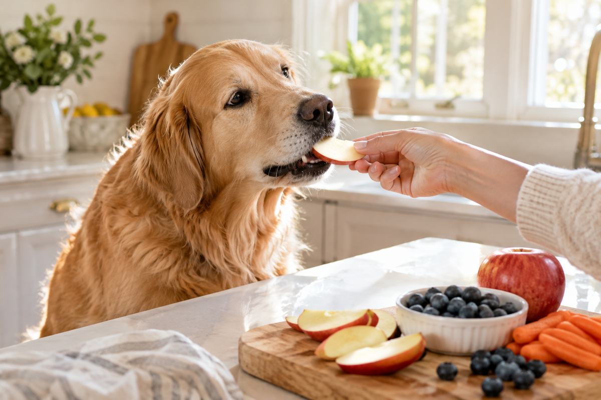 Golden retriever taking a plain apple slice from its owner's hand in a sunny kitchen, with sliced apples, blueberries and carrots on a cutting board