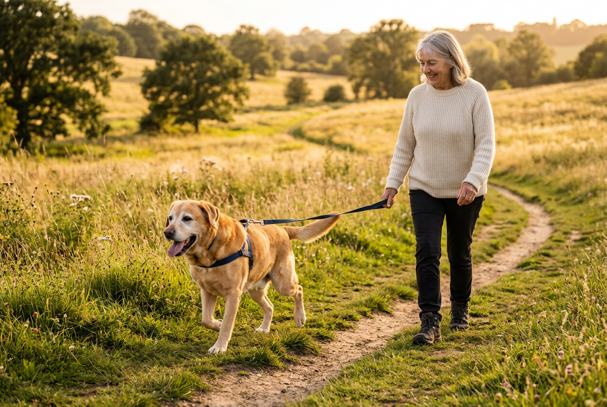 Happy senior yellow labrador walking on a leash with its owner along a sunny meadow trail
