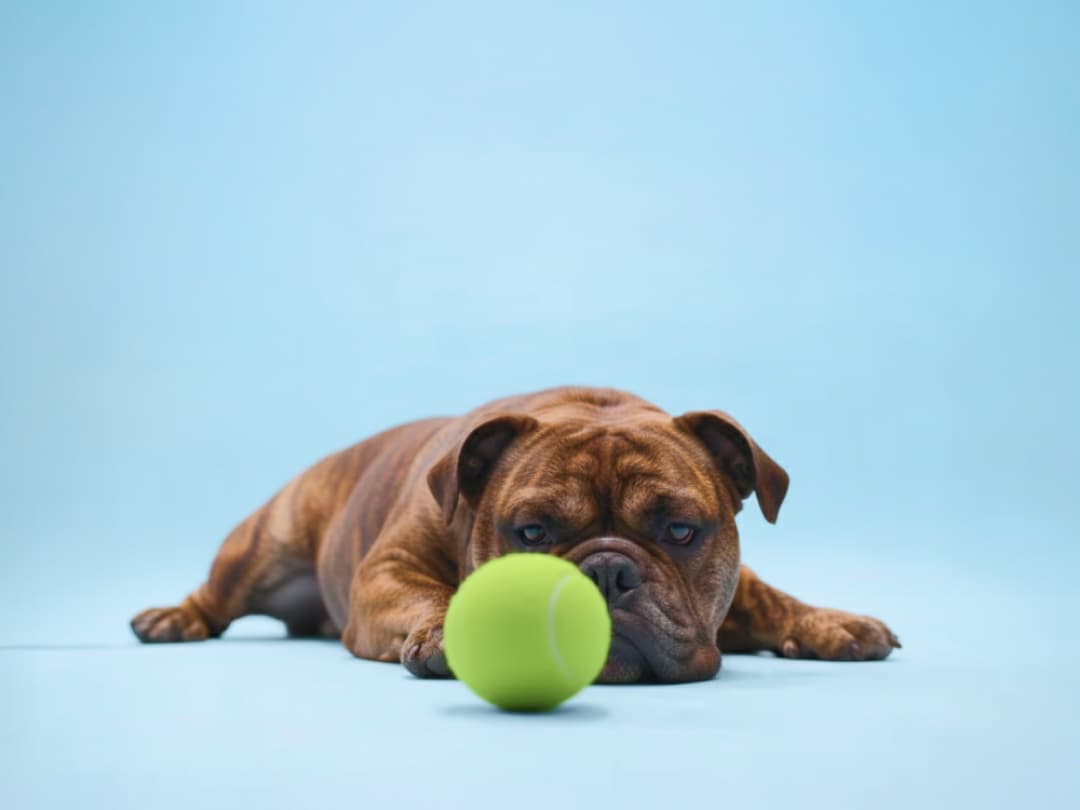A bulldog lying down with a tennis ball